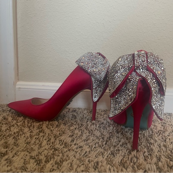 Betsey Johnson Red Satin Heels with Sparkling Bow - Picture 7 of 13
